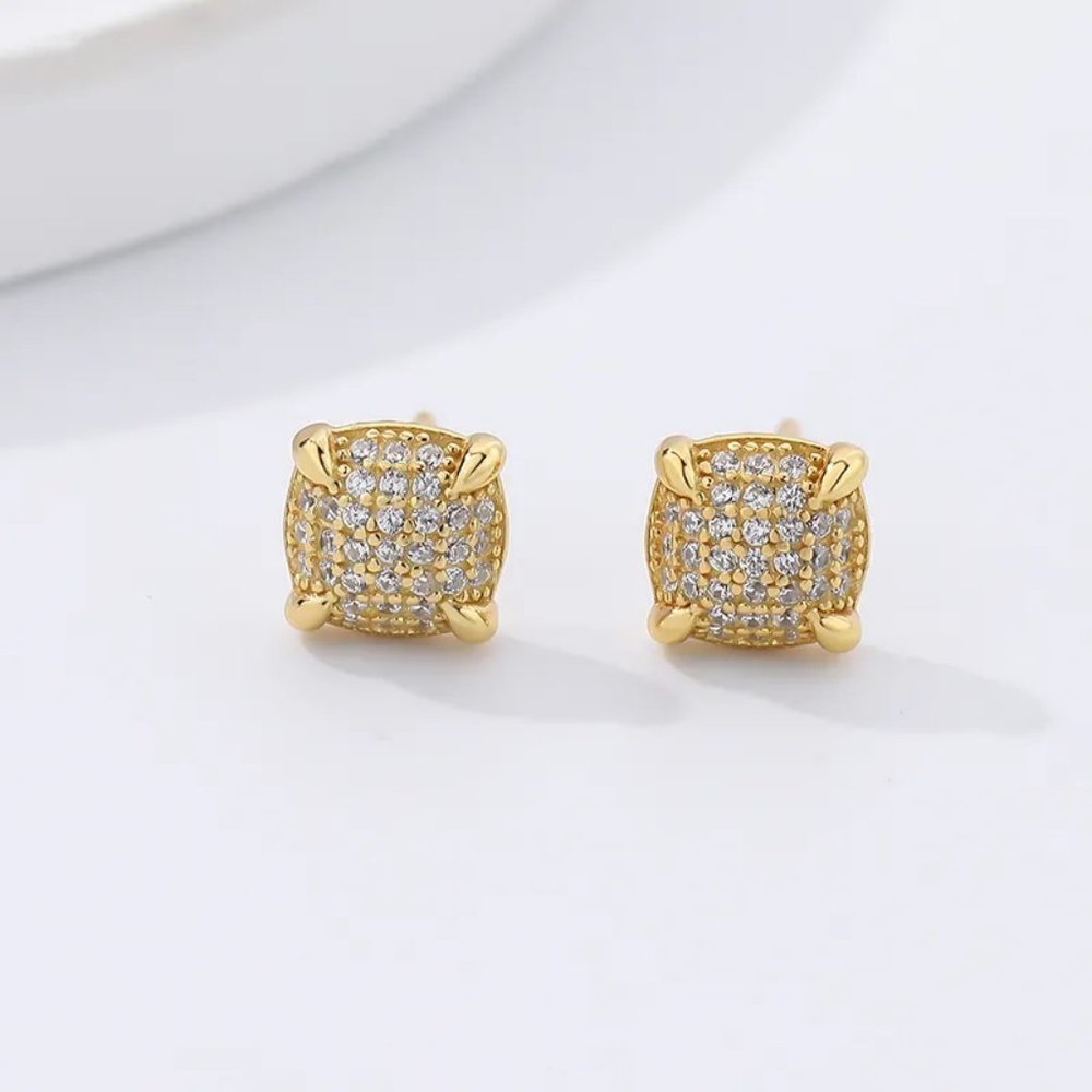 18k Yellow Gold over 925 Sterling Silver CZ Accent Micro-Pavé  Stud Earrings - Picture 3 of 6